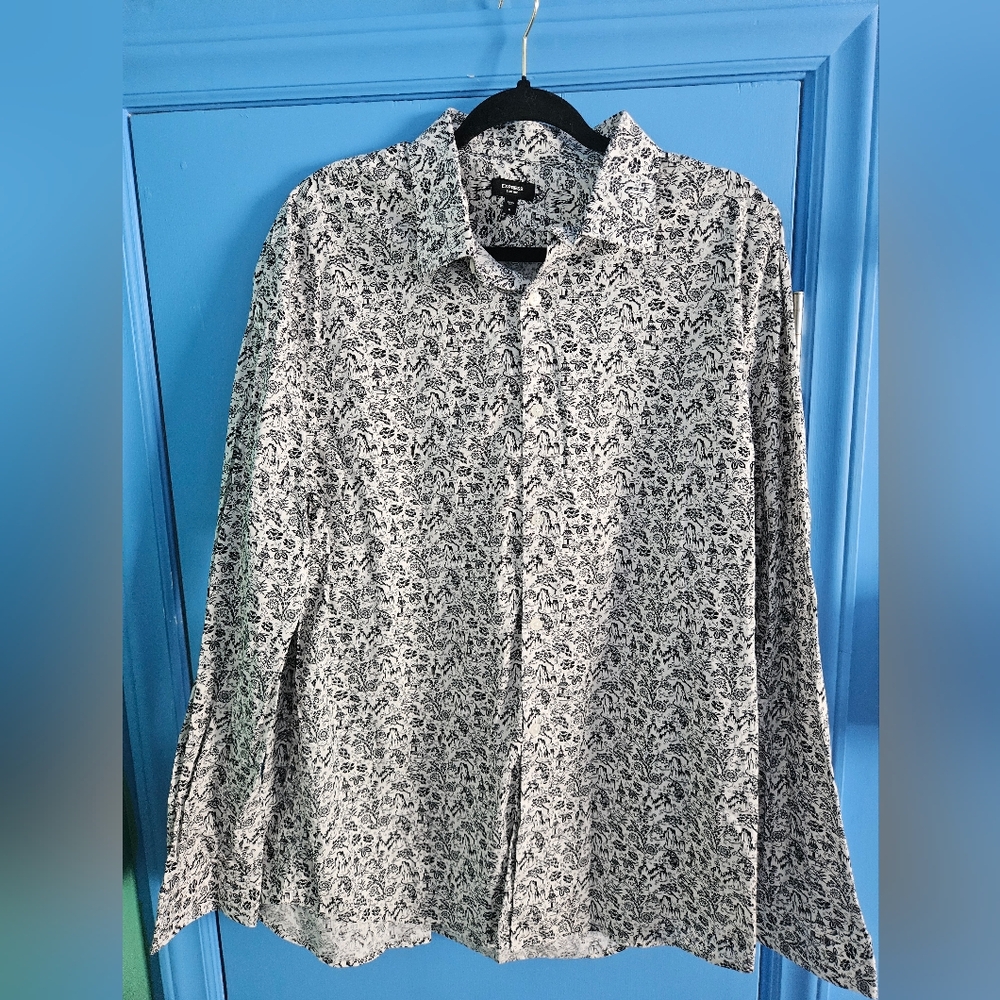Express Men's Black and White Patterned Shirt